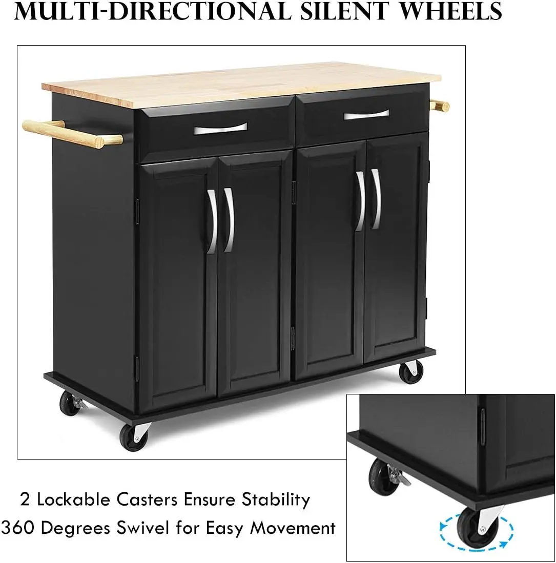Kitchen Island Cart, Rolling Trolley Cart Utility Cabinet w/Rubber Wood Top, Large Storage Easy-Clean with Smooth Lockable Wheel