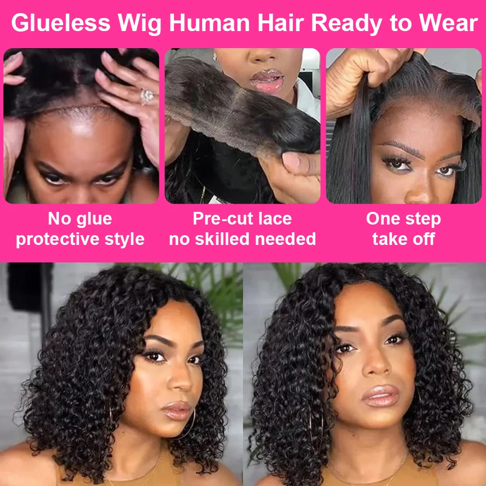 Pre Cut No Glue Water Wave 13x4 Bob Wigs Curly 7x5 Glueless Wig Human Hair Ready To Go Lace Frontal Wigs For Women Pre Plucked human hair wig