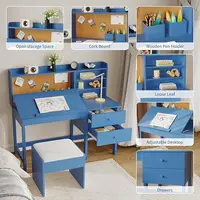 Adjustable Kids Desk and Chair Set-Wooden Study Table with Tilt Desktop,Hutch,Drawers,Cork Board & Padded Stool for Boys Girls 3