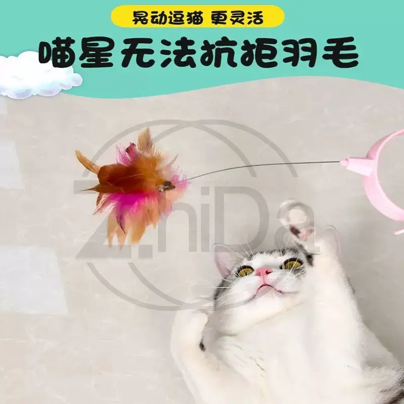 10개입 핸즈프리 목걸이형 고양이 놀리개 막대, 깃털 스틸 와이어 셀프 엔터테인먼트 고양이 장난감