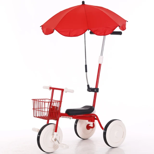 Simple Style Kids Tricycle with Basket, Rubber Wheel Baby Ride Car with Umbrella, Cute Children Bicycle with Adjustable Pushbar