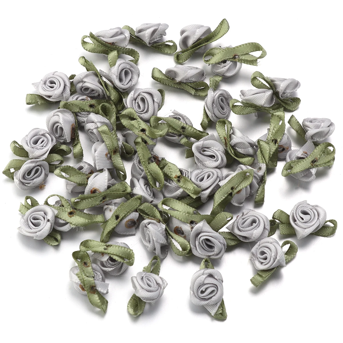 50-Piece Set: Vibrant Ribbon Rose Rosettes with Leaf Fabric Flowers