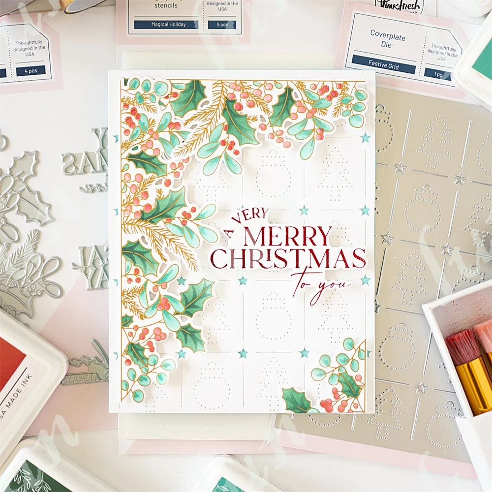 Christmas Poinsettia Frame Cutting Dies Stamps Festive Holiday Bicycle Greetings Hot Foil Stencils Deck the Halls Washi Tape