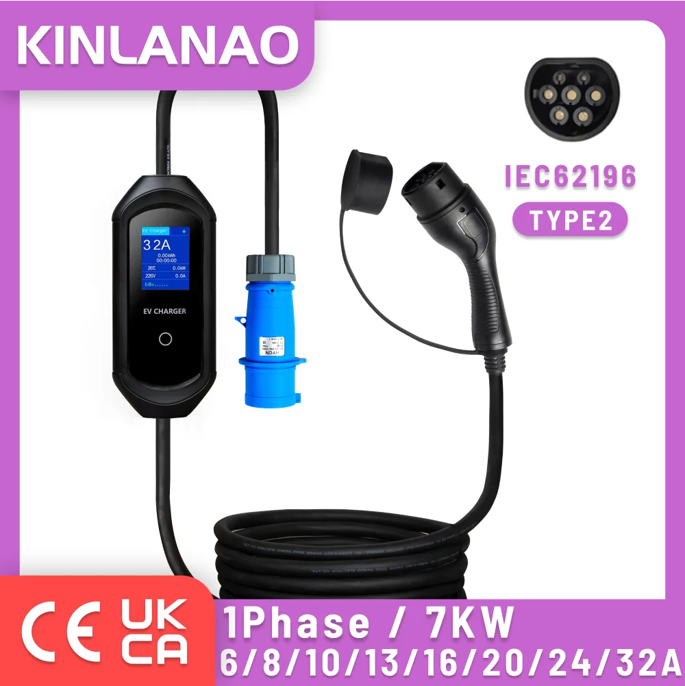 Kinlanao Caricabatterie Portatile Ev 36A 7Kw 5M Evse Spina Del Cavo Di Ricarica Type2 Iec62196 Controller Wallbox