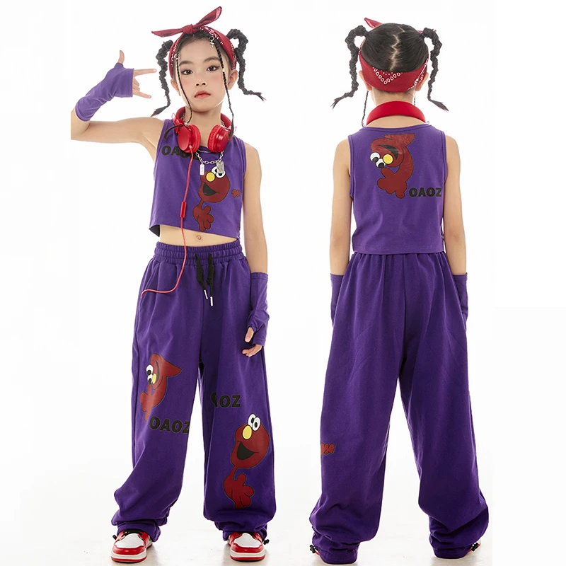 

Летняя одежда для джазовых танцев для девочек, фиолетовый жилет, брюки, детская одежда для тренировок в стиле хип-хоп, костюм для представлений BL12761