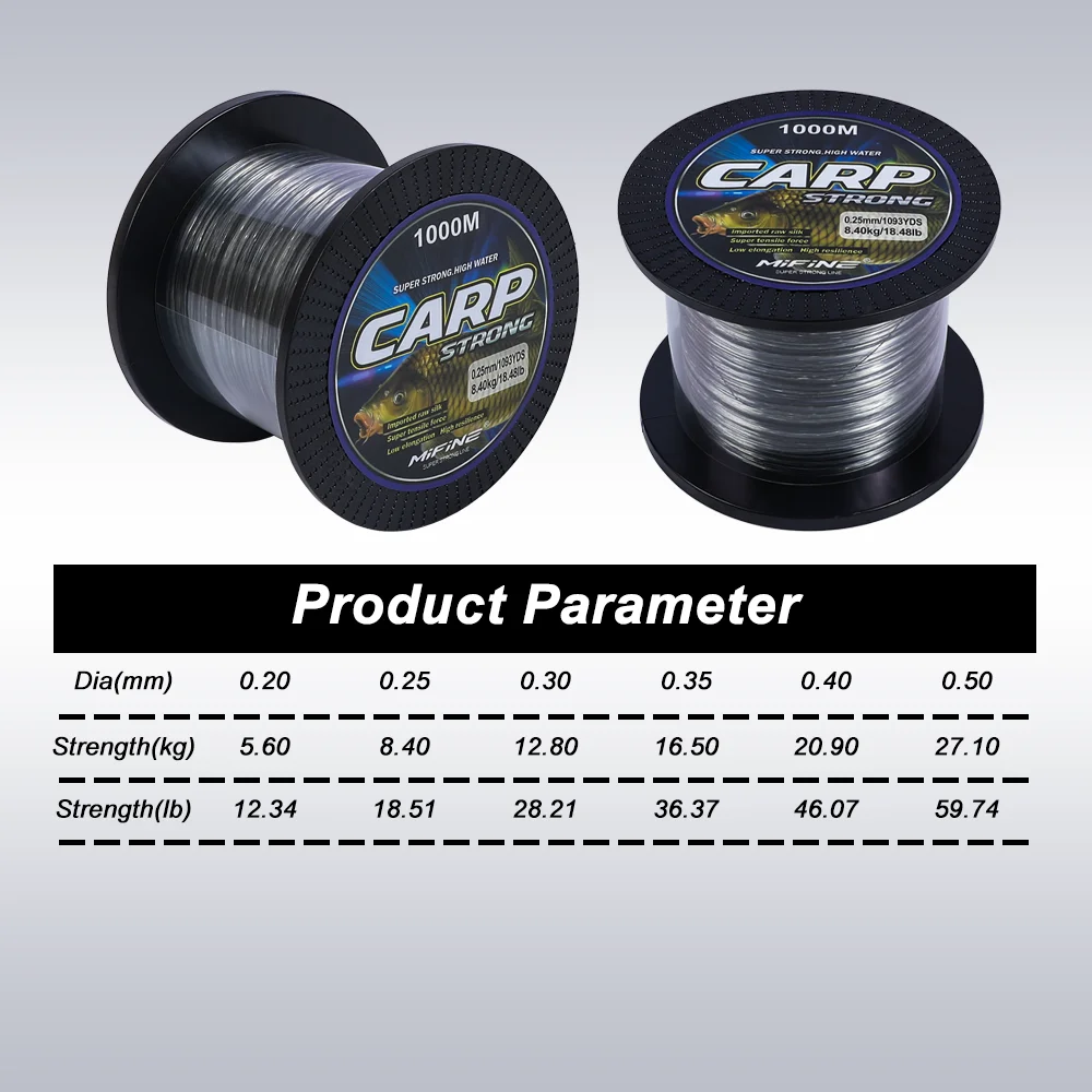 MIFINE CARP 초강력 낚싯줄, 나일론, 높은 내마모성, 잉어 페스카 라인, 와이어 액세서리, 1000m, 12LB-59LB