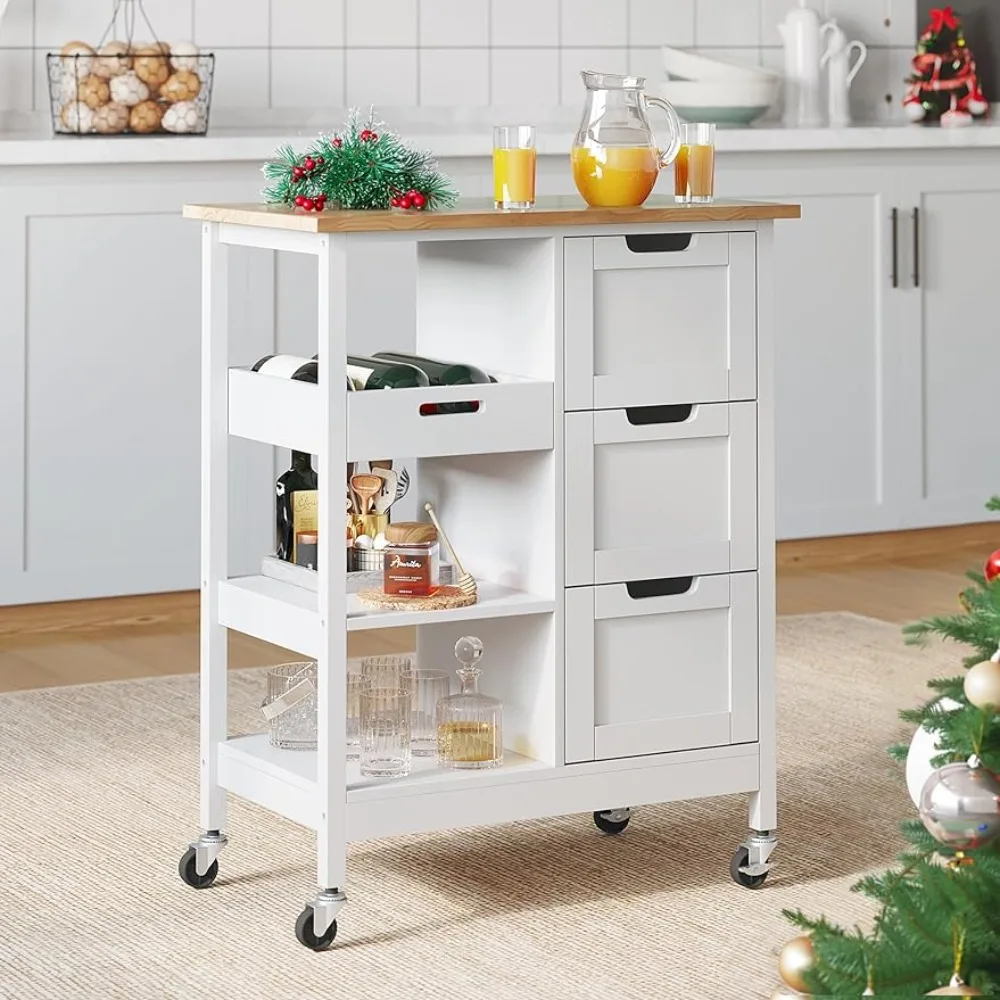 

Small kitchen island cart with wheels, storage space, rolling portable cart, movable, with 3 drawer cabinets, oak and white