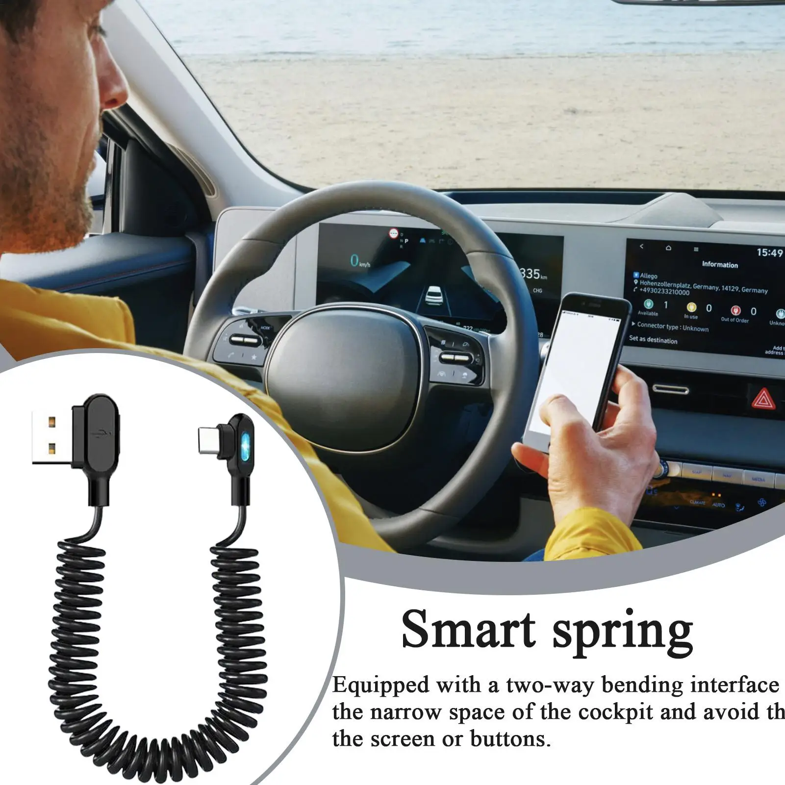 Car-mounted double-bend spring super-fast charging data cable/phone charging cable with light-up function Retractable TypeC Cord