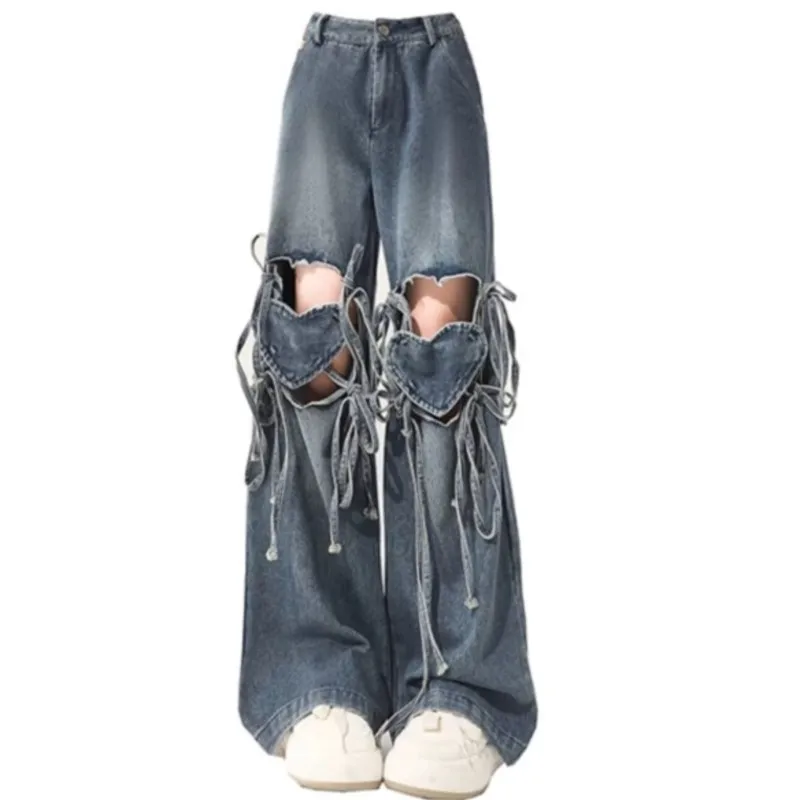 

Lace-up Jeans Women's Design Sense Ripped Wide-Legged Mop Trousers