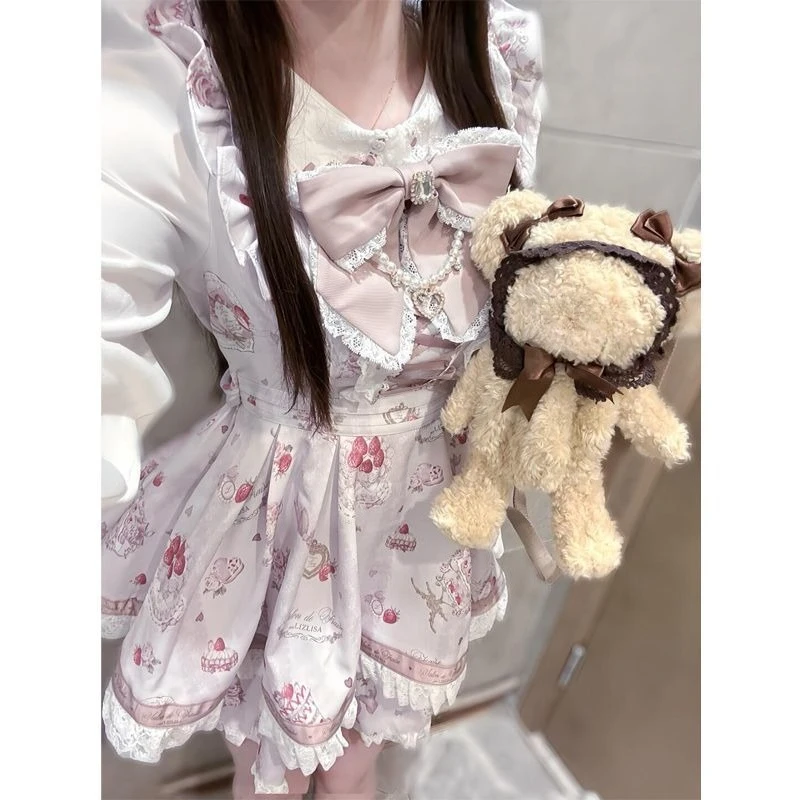 Y2k Harajuku Sweet Two-Piece Short Sets Long Sleeve Off Shoulder Solid Lace Shorts Skirts Bow Button Women Casual Kawaii 2025 2