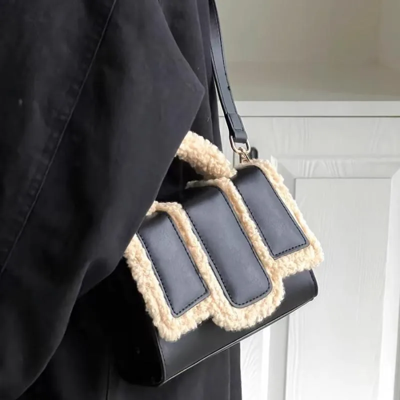 JIAERDI Black Shearling Handbag Women Minimalist Panel Leather Square Shoulder Bag Ladies Sweet Chic Versatile Crossbody Bag New