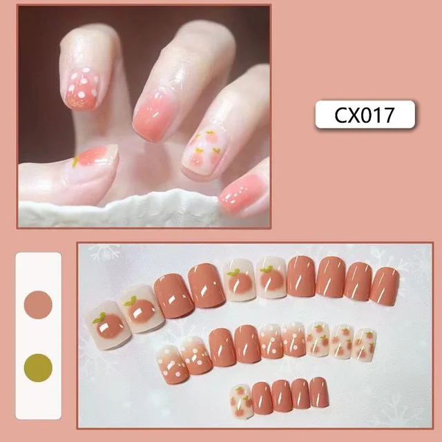 24pcs/box Fake Nails Press on Short Reusable with Designs Set French Artificial Pink False Tipsy Stick-on Nails Tips Art CX017