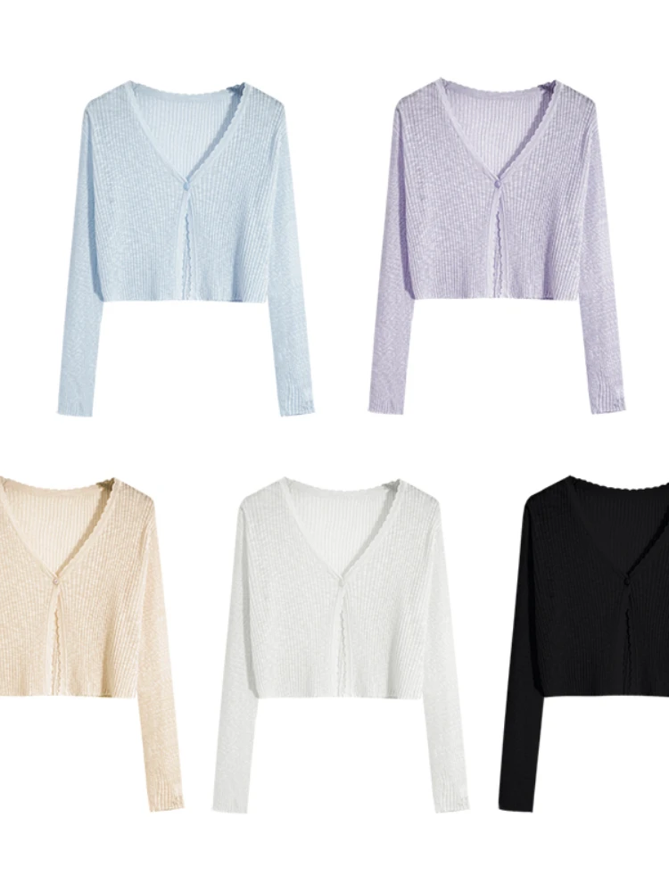 Women Cardigans Long Sleeve Knitted Outerwear Solid Thin Spring Short Sweaters V-neck Knitwears Korean Fashion Cardigans 2026 - 6