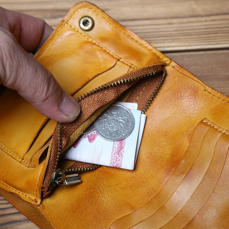 NZPJ Vintage Leather Men's Purse Top Layer Cowhide Bank Card Bag Women's Zipper Zero Purse Credit Card Bag Buckle Coin Bag