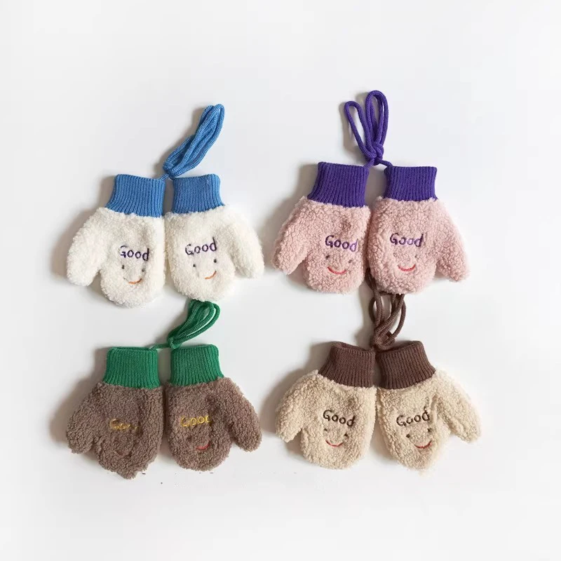 Lamb Fleece Children Gloves Winter Warm Baby Plush Mittens 1-4year Boy Girl Kids Hanging Neck Fingerless Gloves Cartoon Glove winter gloves baby mittens