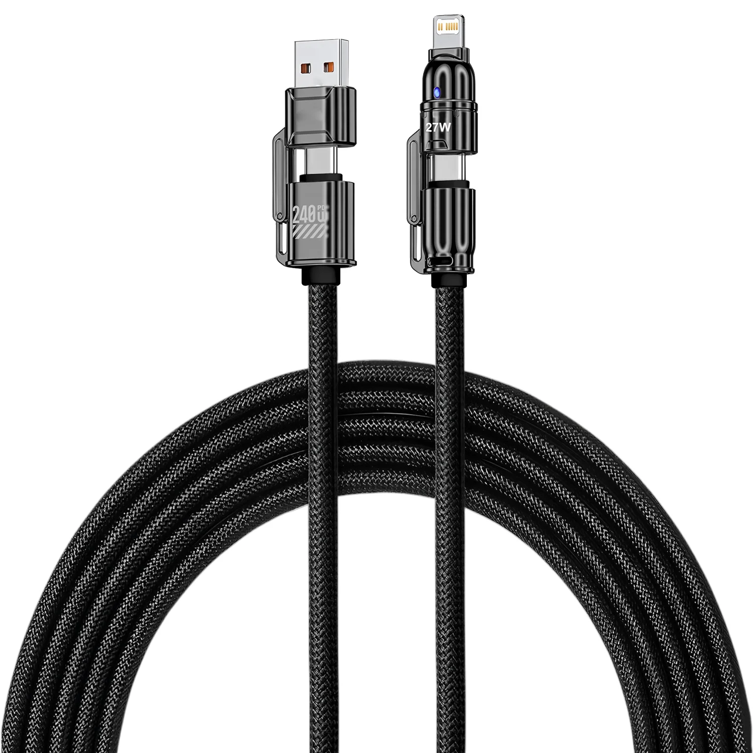 240W 1.8M 초고속 충전 4 in 1 데이터 케이블 듀얼 타입-C+라이트닝+USB 포트 아이폰 삼성 화웨이용 휴대폰 충전 케이블