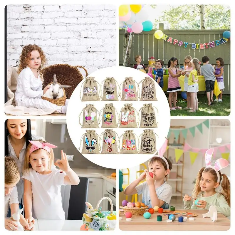 Easter Rabbit Linen Jute Bag 12 Pieces Goody Bag With Drawstring Bunny Burlap Bag Burlap Sack Linen Egg Candy Bag For Party
