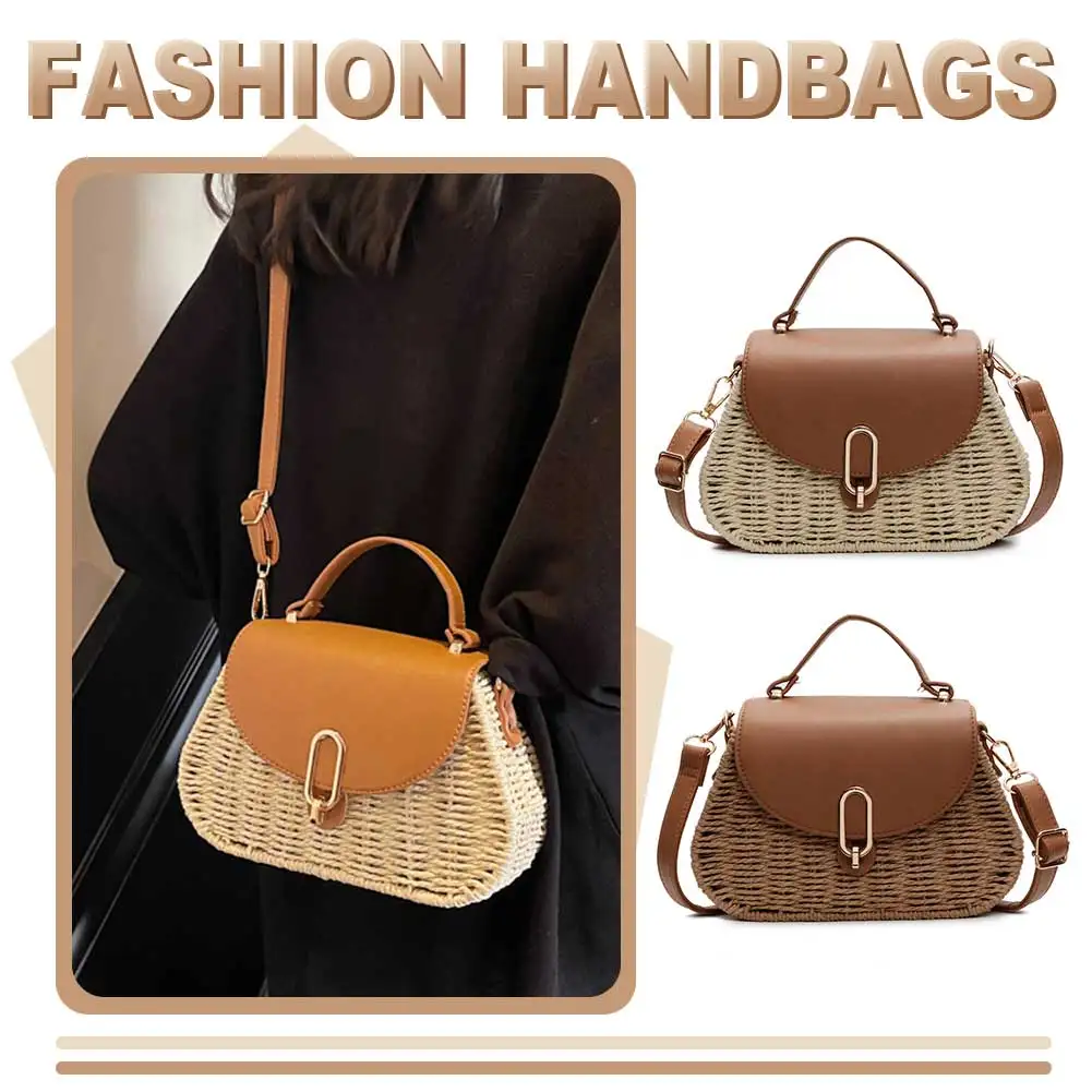 Straw Beach Bag PU Leather Summer Shoulder Bag Flap Handbag Handmade Clutch Purse for Women