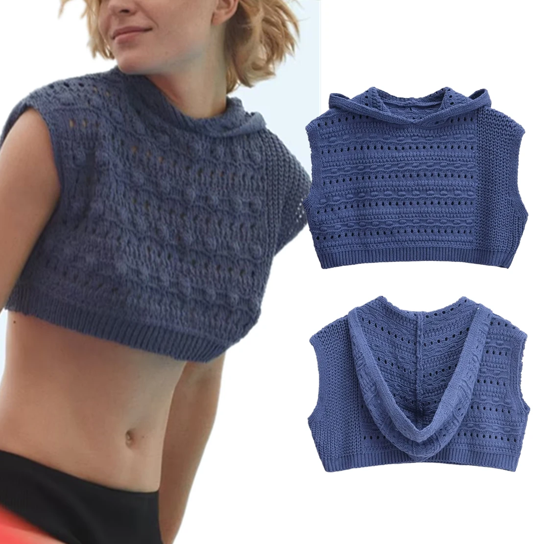 Dave&Di High Street Fashion Cropped Hooded Knit Top Blue Sexy Knitwear Color Sweatshirts Women