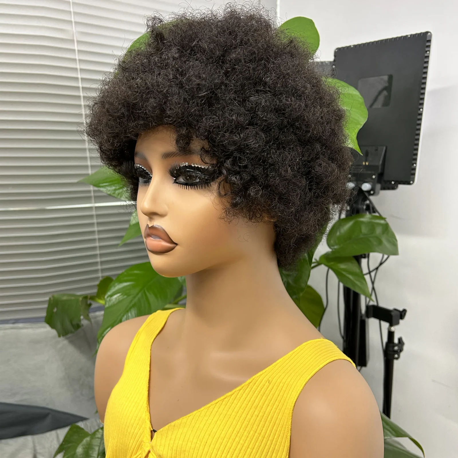 

Afro Kinky Curly Full Machine Made Human Hair Wig With Bangs Natural Short Bob Wigs For Black Women 180% Density Brazilian Remy