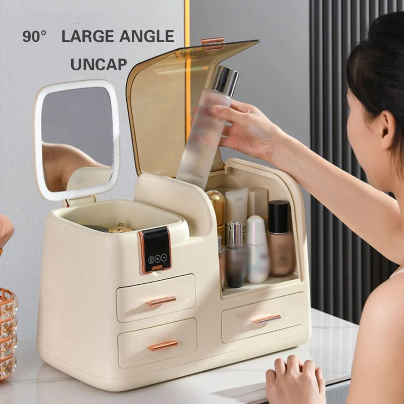 Cosmetics Storage Box with Led Color-Changing Light Mirror Dust Skincare Organizer Box Large Capacity Vanity Table Home Storage 3