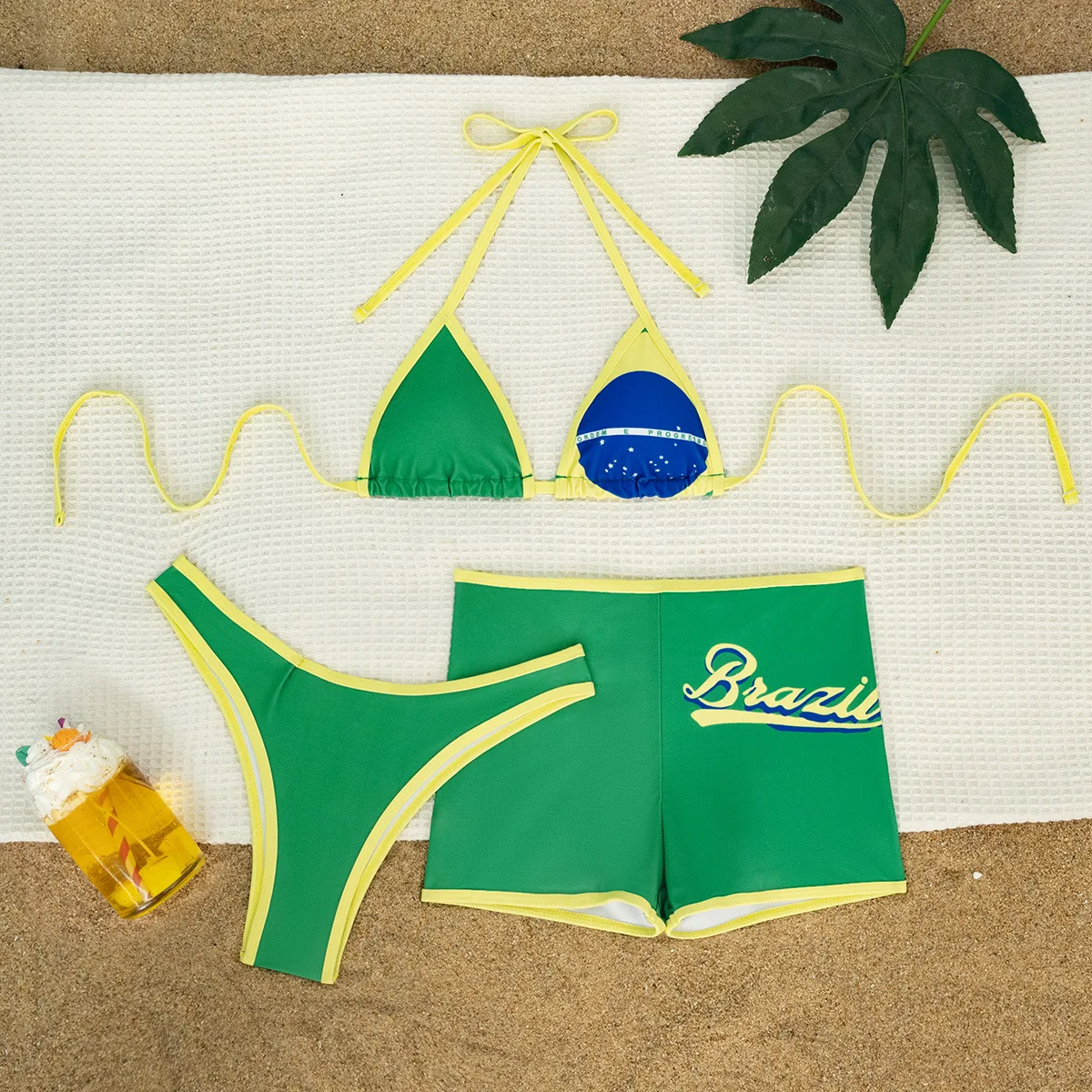 Sexy Flag Print Bikini Shorts Three-Piece Set for Women Cross-Border Swimwear Polyester Fabric Suitable for Swimming And Wate...