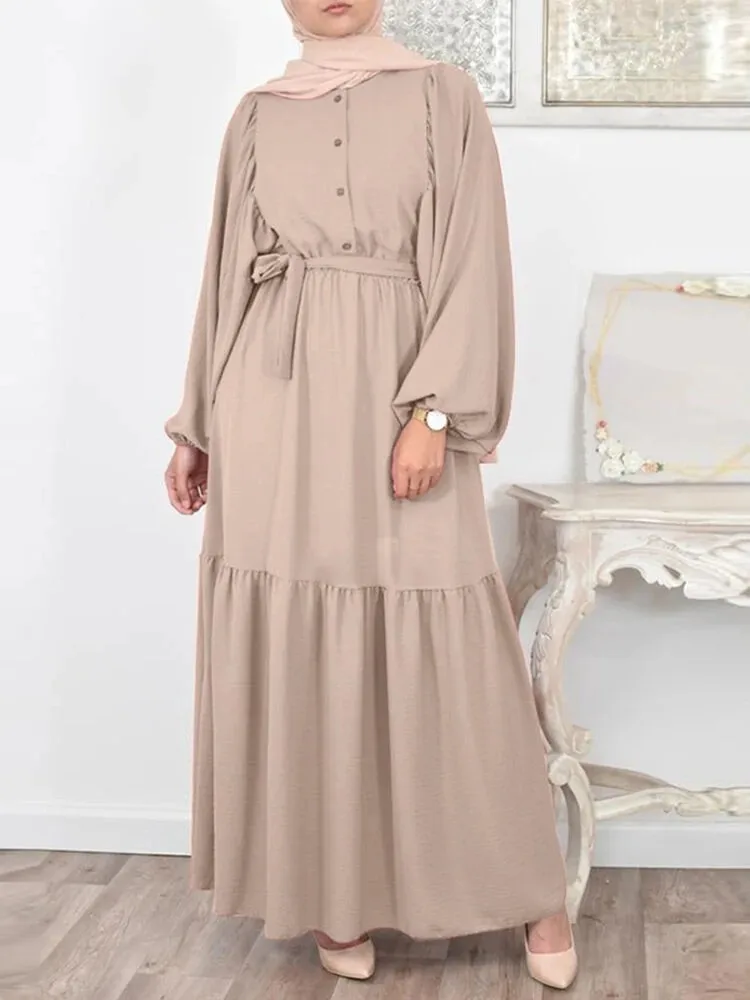 2023 Musulman Abaya Dress New Solid Bubble Sleeve Abayas for Women's Dress with Belt Musulmane Fashion Dress