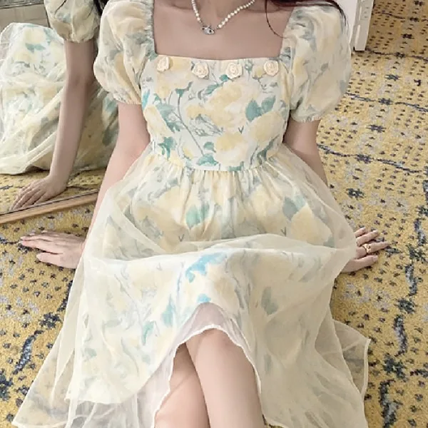 

Women Dresses Square Collar Bubble Sleeve Floral Dress Female Summer 2024 New French Sweet Party Fashion Korean Femmes Dress