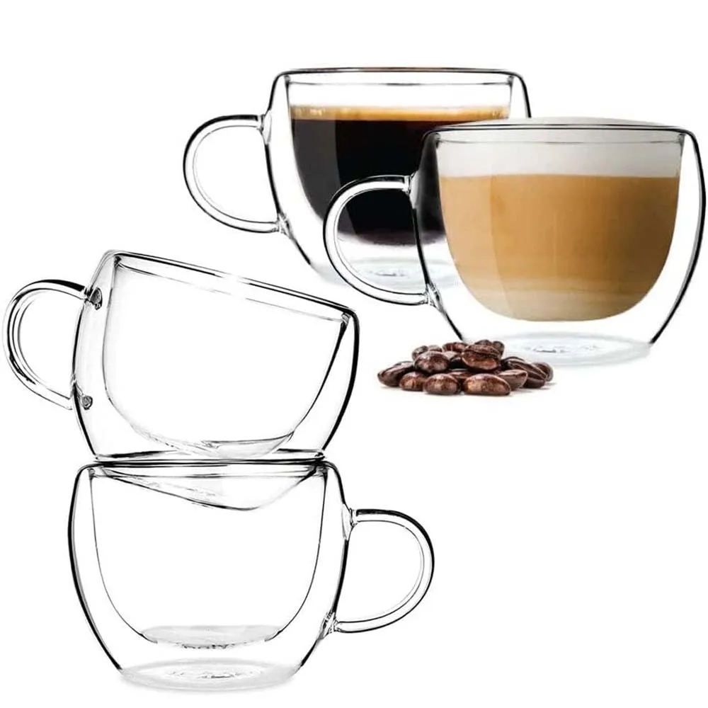 

Стеклянные кофейные чашки с двойными стенками, изолированное стекло для питья, кофейные кружки с ручкой, идеально подходят для латте, капучино, чайного пакета, сока
