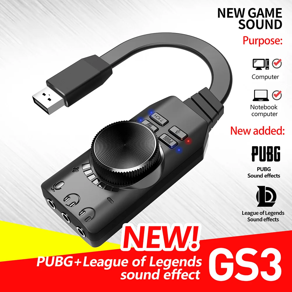 GS3 7.1 채널 USB 사운드 카드 어댑터 외부 볼륨 조절 가능 오디오 잭 케이블 음소거 스위치 조정(Windows용)