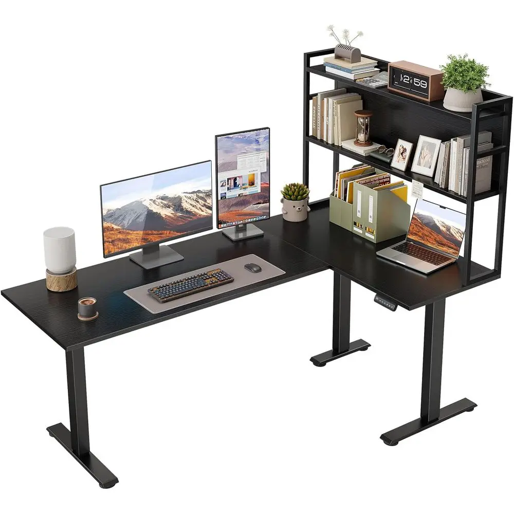 L Shaped Electric Standing Desk, 63 Inch Reversible Stand up Table with Hutch, Height Adjustable Ergonomic Large Lit Table or Ho