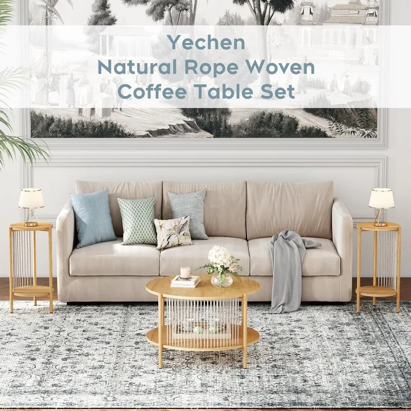 3-piece Boho coffee table set with hand-woven natural rope, 2-story wooden round coffee table and end table set with metal frame 6