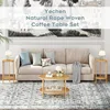 3-piece Boho coffee table set with hand-woven natural rope, 2-story wooden round coffee table and end table set with metal frame 6
