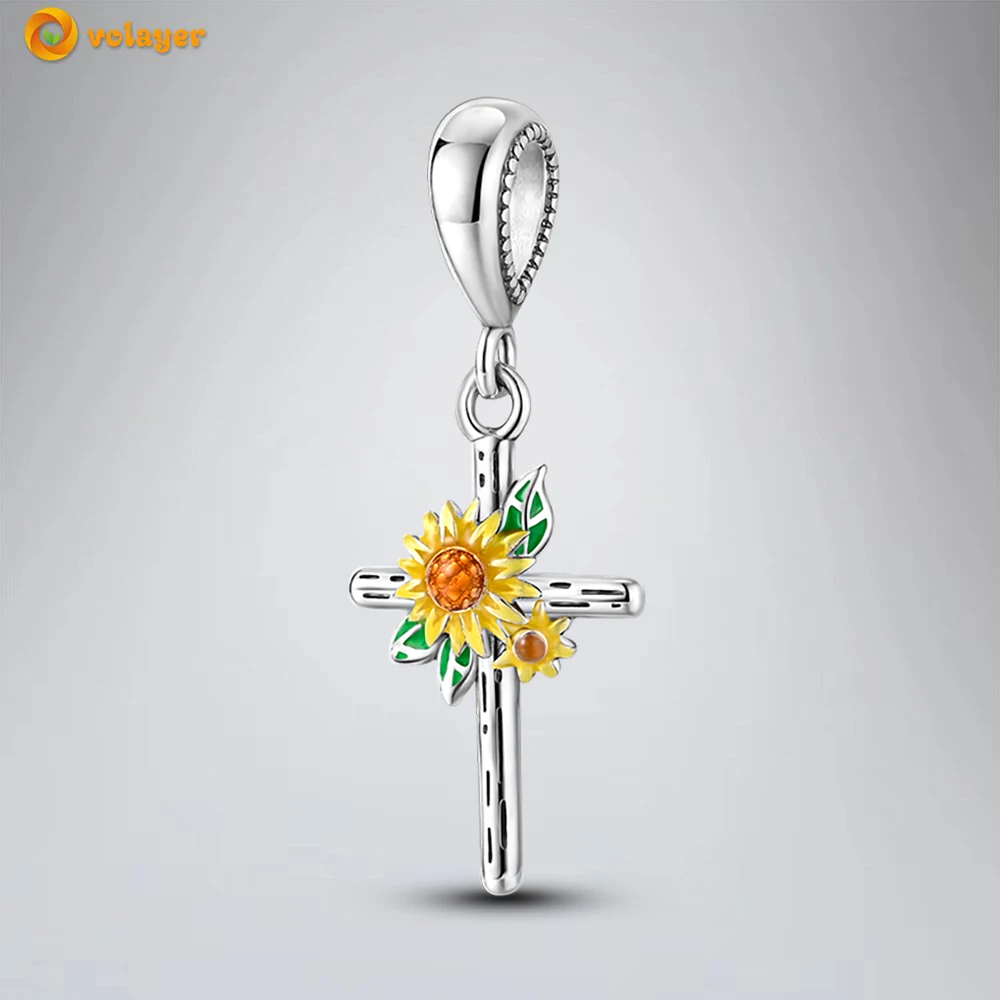 

Volayer 925 Sterling Silver Beads Sunflower Cross Charm fit Original Pandora Bracelets for Women DIY Jewelry