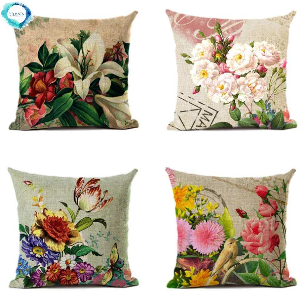 

Retro Nostalgic Rose Flowers Series Cotton Linen Cushion Cover Decoration Sofa Sofa Bedroom Chair Decorative Pillowcase 45X45cm