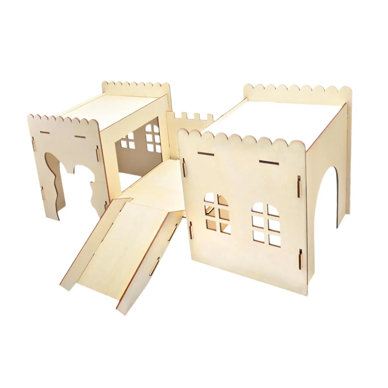 Bunny House Wooden Castle for Small Animal Hideout Sturdy Habitat Bunny Cage with Ladder for Chinchilla