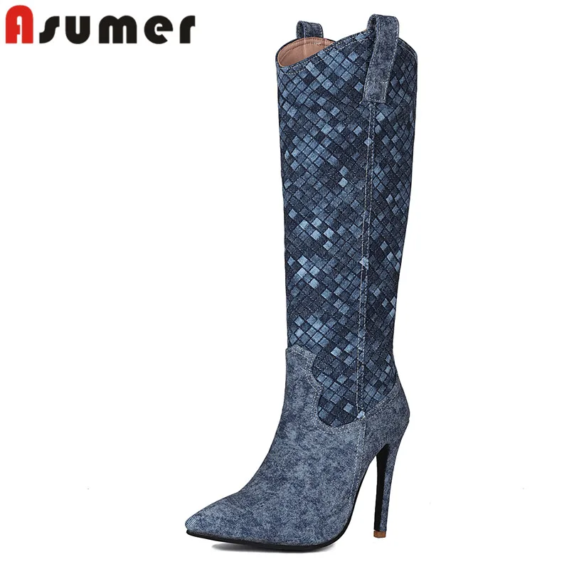 

ASUMER 2023 Size 35-47 New Pointed Toe Canvas Spring Boots Women Top Sale Thin High Heels Shoes Ladies Slip On Knee High Boots