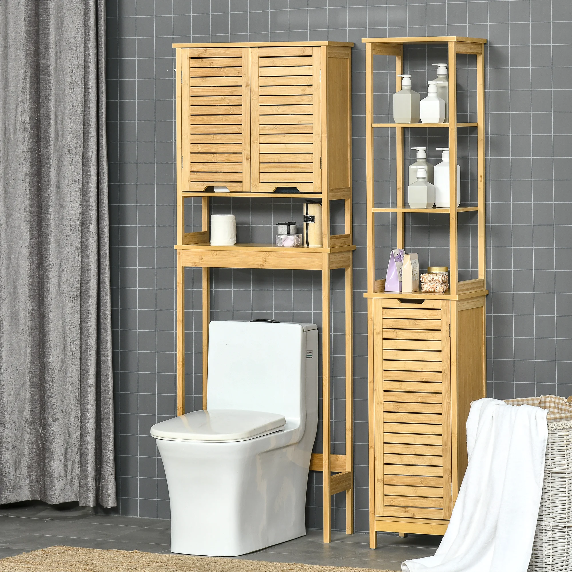 kleankin Estantería de Baño de Bambú Estantería de Almacenaje para Baño con  1 Puerta y Estante para Cocina 33x36,5x67 cm Natural