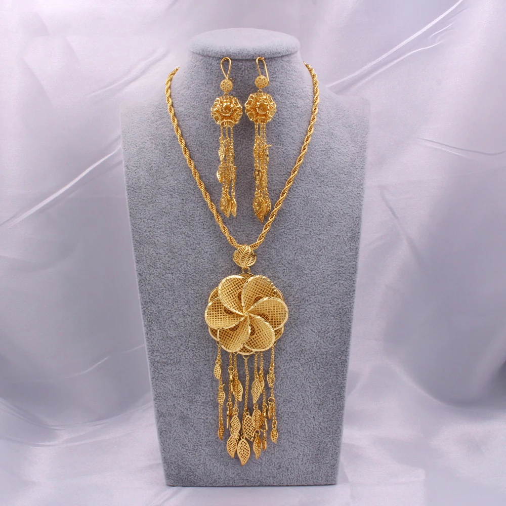 

Women Jewelry Set Whirl Hollow Flower Pendant Chain+Earring 24K Ethiopian Arabia Indian Dubai African Wedding Party Bridal Gift