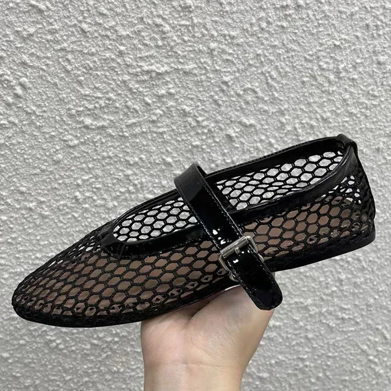 

New Ballet Flat Shoes Woman Mesh Hollow Outs Mary Jane Shoes Genuine Leather Loafers Rivet Studded Summer Walking Shoes Women