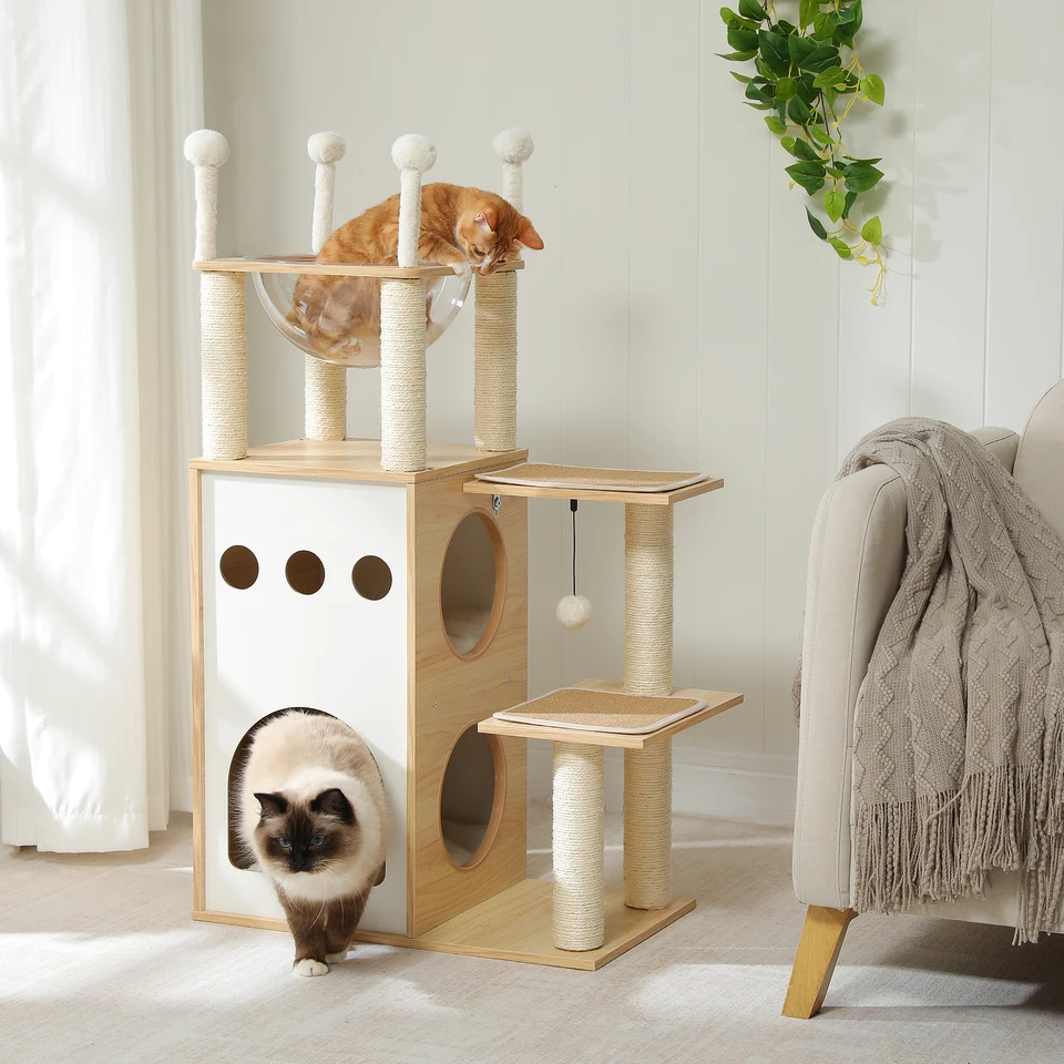 Wooden Cat Tree Multi-Level Tower with Nest and Toys