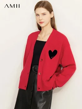 AMII Minimalism 2025 Winter Love Sweater for Women New Simple Casual Knitted Tops V-neck Wool Embroidery Loose Cardigan 12344302 1