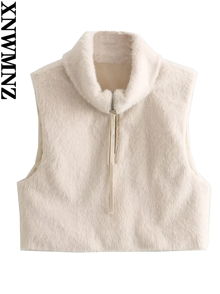 

XNWMNZ Женская мода 2023 осень/зима искусственный мех жилет для женщин Винтажная поло на молнии универсальная женская шикарная майка