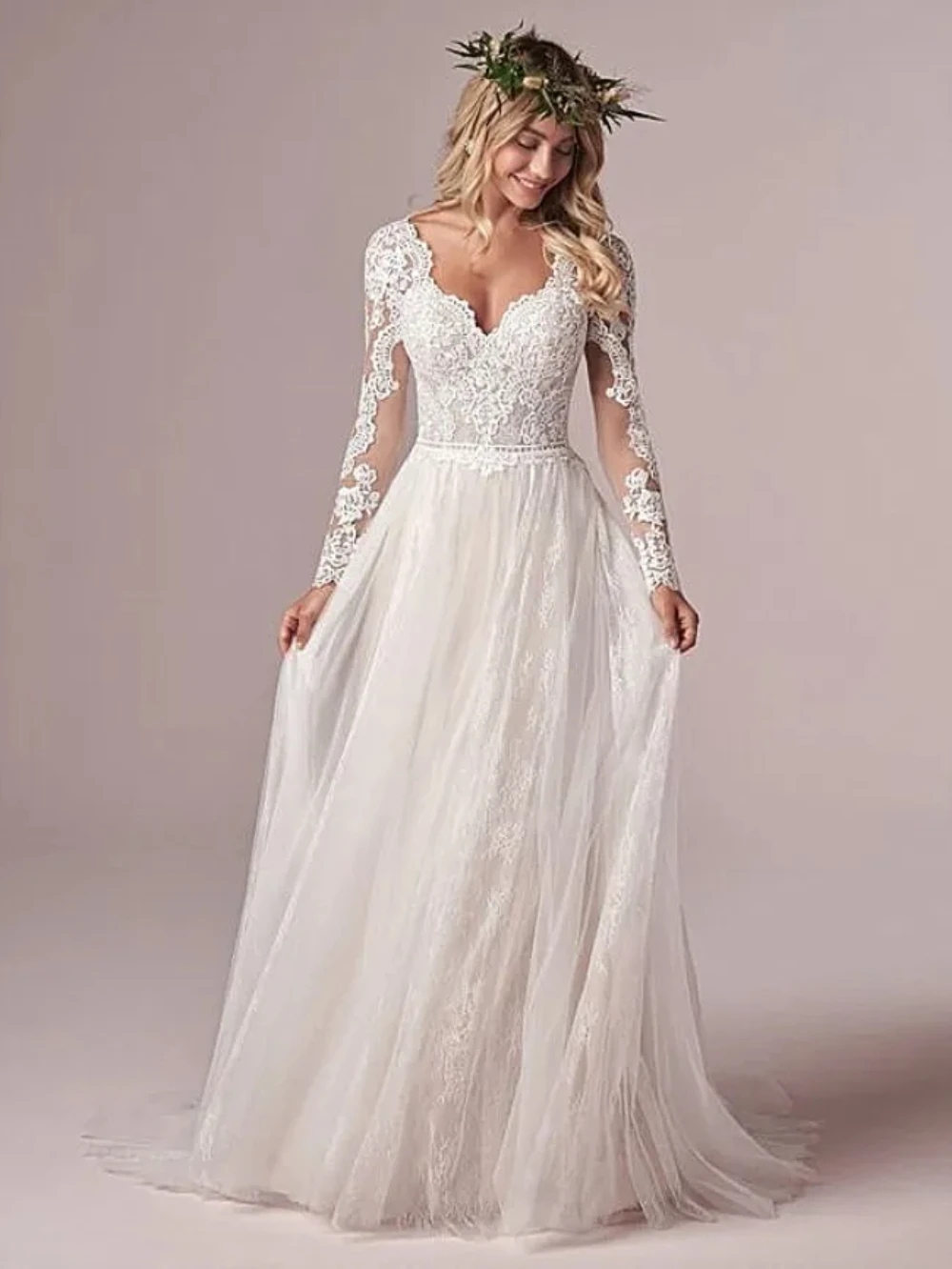 

Sexy V-neck Long Sleeve Bohemian Beach Wedding dress Sexy backless deep V-neck tulle applique bridal dress Vestidos de novia