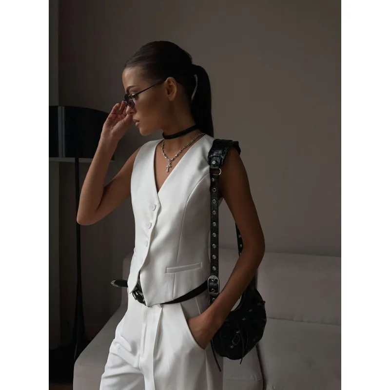 V-Neck Sleeveless Female 2 Piece-Set Casual Slim Straight Trousers Pocket Solid High Street Outfits Fashion Shorts Sets