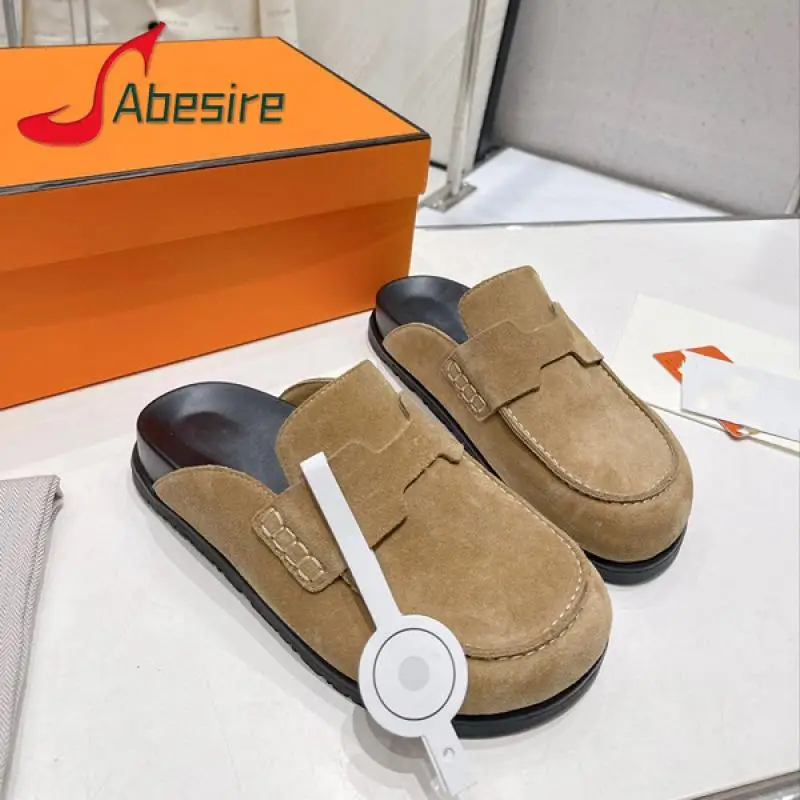 Summer New Round Toe Cow Suede Women Slippers Fashion Chunky Platform Slip-On Half Head Slipper Outdoor Comfortable Female Shoes