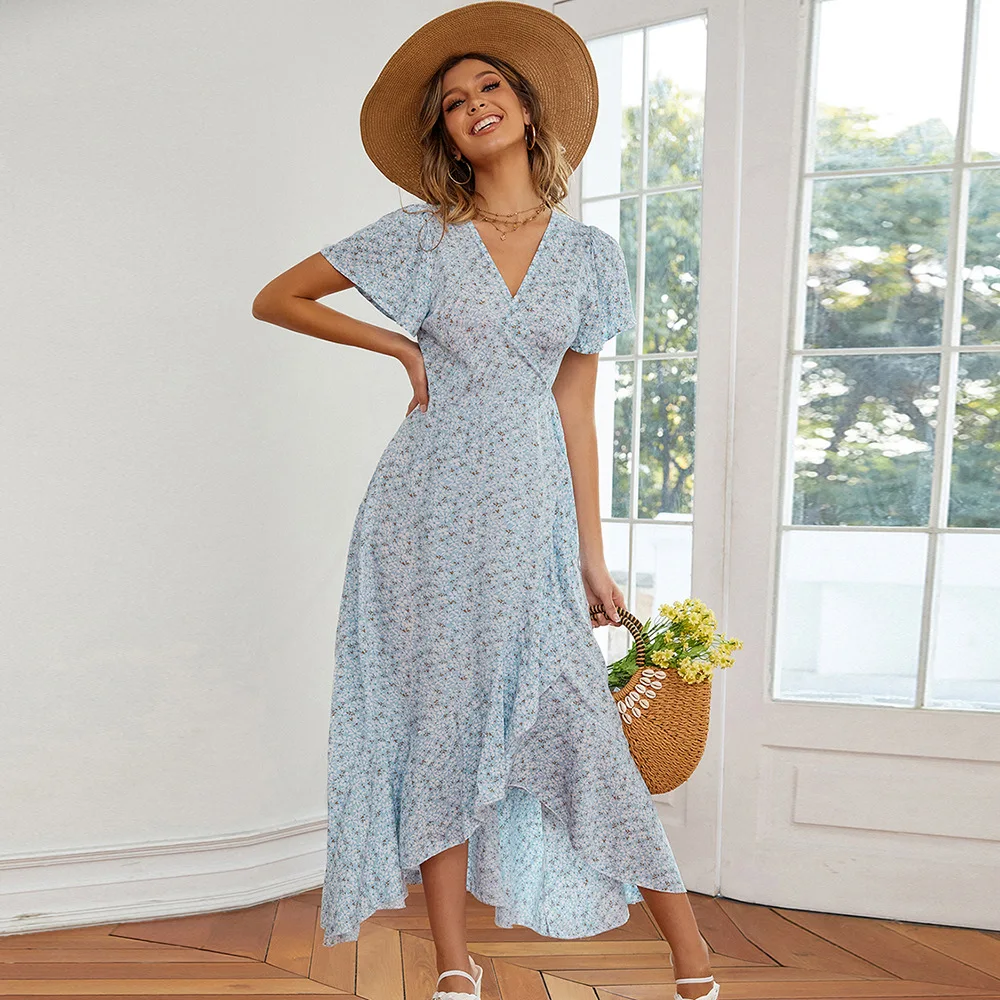 

Summer New Boho Wrap Dress V-neck Flying Sleeve Maxi Dress Mujer Printing Sweet Long Dresses Chic Vestidos Ruffled Bandage Dress