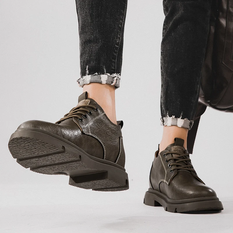 Men Business Cow Leather Shoes Men's Casual Breathable Work Boots Height Increase 7CM Shoes Comfortable Inside Elevator