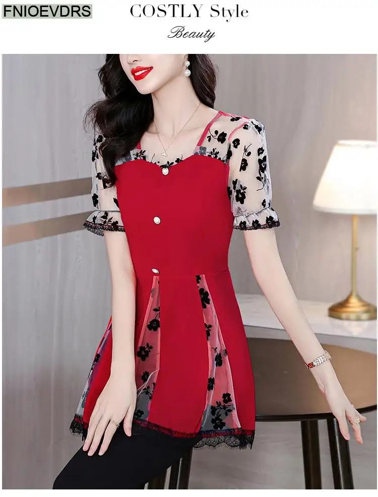 Hot Sales Autumn 2024 Women European Fashion Elegant Black Shirt Sheer Mesh Ruffles Casual Tunic Belly Peplum Tops And Blouses
