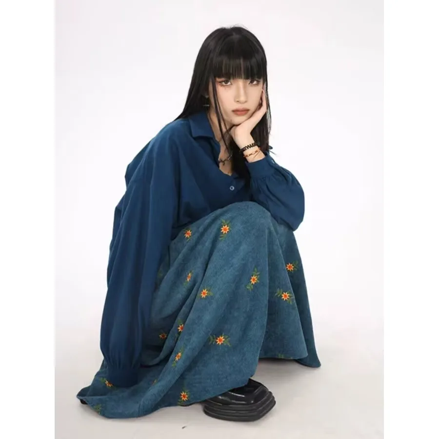 Retro Corduroy Embroidered A-Line Midi Skirt Women's Floral Design Autumn Winter High Waist Loose Fit Pure Color Forest System